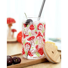 Sēņu tumbleris 16oz alus kanna burka Mason Jar ar vāku un salmiņu un tīrīšanas suku Ledus kafijas krūze Krūzīte Stikla tēja Piens Sēņu lietas Estētiska krūze Dāvana par