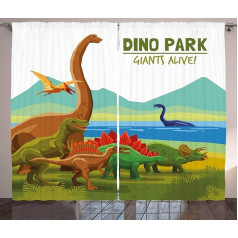 ABAKUHAUS Dinozauru lauku aizkars, spilgts dinozauru parka motīvs, dzīvojamā istaba, universāls lentveida aizkars ar cilpām un āķiem, 280 x 245 cm, papardes zaļš, brūns