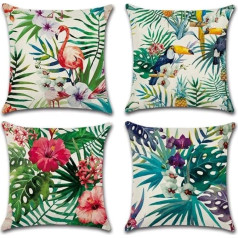 Fullfun Green spilvenu pārvalki Leaf Tropical lina spilvenu pārvalki ar Flamingo 4 Pack Square Jungle Cushion Cover for Sofa Couch Bedroom and Outdoor Cushion 45cm x 45cm