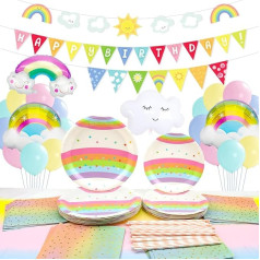 LSJDEER Rainbow Cloud Party Supplies Galda piederumu komplekts - šķīvji, salvetes, salmiņi, baneris, galdauts, varavīksnes mākoņu balons, pasteļkrāsas varavīksnes dzimšanas dienas galda piederumi - 20 personām