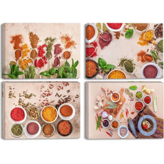 Piy Glezniecība Pack of 4 Art Prints on Canvas Spice and Spoon Wall Art Canvas Painting Pepper Print Pictures for Living Room, Modern Framed Canvas Picture 40 x 30 cm, for Kitchen