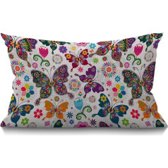 BGBDEIA Butterfly Cushion Cover Farmhouse Pavasara balts ziedu raksts ar krāsainiem tauriņiem un ziedu rotājumiem Spilvens pārvalks dīvāna dīvānam Kokvilnas lina 30 x 50 cm 12 x 20 collas