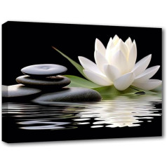 LZIMU Zen audekla bildes Balta lotosa un melna Zen akmeņi zied ūdenī attēlu izdrukas Joga Spa Meditācija Garīgais telpu apdare (Zen-1, (28.00 x 35.00 cm)