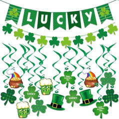 33 gabali Svētā Patrika diena Shamrock Dekorācijas komplekts Lucky Green Shamrock Hanging baneri un virpuļi rotājumi īru festivālam St Patrick pusei iekštelpu āra pusei Piegādes piederumi