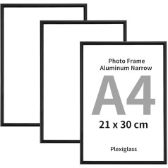 A4 alumīnija bilžu rāmji 3 Pack Black Slim Wall Mount for Picture Frames A4 (21x29.7 cm), Plexiglass Front, A4 foto rāmis, sienas stiprinājums sertifikātiem, fotogrāfijām, fotogrāfijām