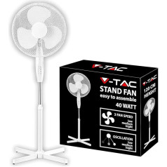 V-TAC 40 W statīva ventilators ar krustveida pamatni - Diametrs 60 cm - Regulējams augstums (maks. 120 cm) - 3 lāpstiņas rotē ar 3 ātrumiem - Regulējama oscilācija un slīpums - Balts