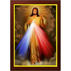 zig zag The Divine Mercy Picture Frame Wall Hanging Temple Pooja Room Gift Worship (24x34cm, Brown, Gold Trim)