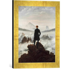 Ierāmēta Caspar David Friedrich The Wanderer Over the Mist Sea (Kaspars Dāvids Frīdrihs), augstvērtīga, ar rokām darināta mākslas darbu reprodukcija, 30 x 40 cm, zelta raija, rāmī