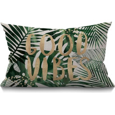 BGBDEIA Palmu lapu spilvena pārvalks 30x50cm Good Vibes Word Palm Tree Tropical Jungle Leaves Taisnstūra spilvenu pārvalki Home Decor kokvilnas lina spilvenu pārvalks gultai dīvānam zaļš 30x50cm