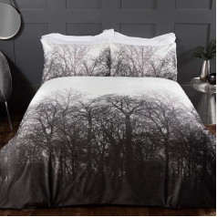 Sleepdown Winter Forest Trees Serene Scene Printed Soft Warm Cosy Velvet White Anthracite Duvet Cover Quilt Bedding Set with Pillowcase Single Bed (135 cm x 200 cm) Polyester