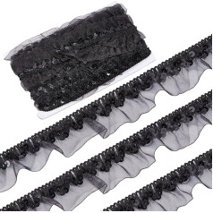 GORGECRAFT Juoda klostuota juosta Satino organza nėrinių audinys Sequin juosta Elastinga gėlių juosta 3,8 cm šifono nėrinių kraštas Stretch Applique siuvimo amatų puošmenos