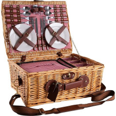 eGenuss Handmade Picnic Basket for 4 People with Removable Shoulder Strap, Cooling Compartment, Stainless Steel Cutlery, Porcelain Plates, Wine Glasses, Salt and Pepper Shakers, Red