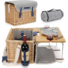 Wicker Basket Picnic Basket for 2 People Picnic Set, Wicker Basket Service Gift Set with Bamboo Wine Table with Metal Legs for Camping and Outdoor Party