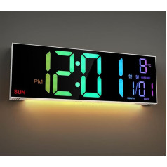 Maxstar sienas pulkstenis Digitālais 16,2 collu sienas pulkstenis Liels LED sienas pulkstenis ar 8 RGB krāsām, temperatūru, 4 līmeņu spilgtuma reostats, nakts gaisma, 12/24 stundas, automašīnas vasaras laiks dzīvojamai istabai,