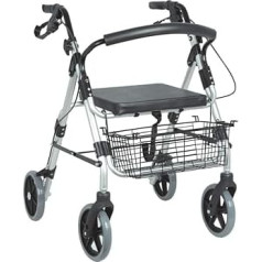 GIMA, Rollator für ältere Menschen, Erwachsene oder behinderte Menschen, aus Aluminium, leicht, zusammenklappbar, mit Sitz, Korb, 4 Rädern, Bremsen hinten, Farbe grau, Höhe verstellbar.