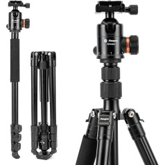 Fotopro 165 cm / 65 inch camera tripod, 2-in-1 aluminium travel tripod and 360° head leg, removable monopod for DSLR, maximum load 8 kg/17.63 lbs