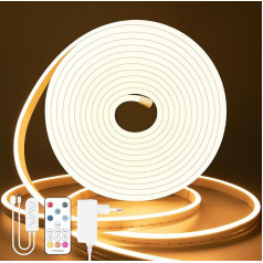 Lamomo LED lente 5 m silti balta, 12 V dimmable neona LED lente, 3000 K ūdensizturīga LED lente, silikona DIY elastīga gaismas lente ar barošanas avotu un IR tālvadības pulti iekštelpām un āra lietošanai mājās