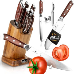 KRONENKRAFT® nažu komplekts 9 gabali ar nažu bloku 6 naži, mājputnu šķēres un asināmais tērauds Asu virtuves nažu komplekts ar Pakka koka rokturi Santoku nazis Pavāra nazis Pavāra nazis Maizes nazis