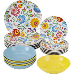 Baroni Home Galda šķīvju komplekts, 18 gabali no porcelāna un keramikas, šķīvju servīze 6 personām, krāsains galda klājums, ziedu raksts