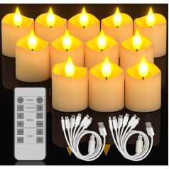 SoulBay Pack of 12 Rechargeable LED Tea Lights Candles Flickering with Remote Control and Timer, Rechargeable LED Tea Light Electric Candles with USB Cable for Party Living Room Halloween Christmas