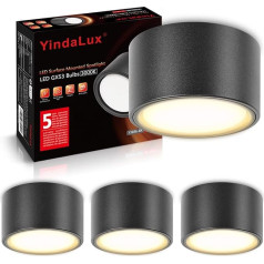 YindaLux LED virsmas prožektors, melns, īpaši plakans, 230 V, diametrs 95 x 55 mm, ar 6 W GX53 spuldzi, silti balts, 3000 K, 660 lm, griestu prožektors,