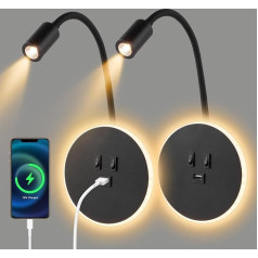 LIFEJXWEN LED sienas lampa, elastīga lasīšanas lampa ar USB uzlādes pieslēgvietu un slēdzi, piemērota guļamistabai, viesistabai, viesnīcai, 3W+9W (melna) 0ECB4