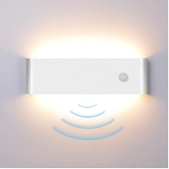 Elitlife iekštelpu sienas lampas, 12 W LED sienas lampas ar kustības sensoru, modernas augšupvērstas sienas lampas, sienas apgaismojums, alumīnijs guļamistabai, gaitenim, kāpnēm (balta, silti balta)