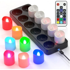 PChero LED uzlādējamas tējas gaismas ar taimera tālvadības pulti, 12 RGB LED elektrisko krāsaino sveču komplekts ar taimera funkciju un uzlādes staciju Helovīna istabai