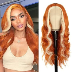 PORSMEER Lace Front parūka Garš cirtaini viļņains oranžs ingvers ar blondīne parūka sievietēm 13 x 4 Lace Front Glueless parūka dabisko matu līniju karstumizturīgs sintētisko matu vara sarkans