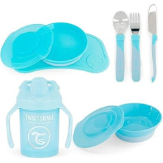 Twistshake Baby Crockery Set - 4 Pieces | 1 x Baby Placemat - 1 Baby Plate - 1 Baby Bowl - 3 Stainless Steel Cutlery - 1 Drinking Cup | 6 Months + Baby Crockery Set | Crockery for Baby Weaning | Light