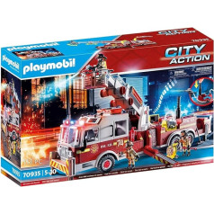 PLAYMOBIL City Action 70935 Ugunsdzēsēju brigādes transportlīdzeklis: ASV torņa kāpnes ar izvelkamu, funkcionālu ūdens sūkni ar šļūteni un sūkņa virzuli, mirgojošu gaismu un oriģinālu sirēnas skaņu, no 5 gadiem