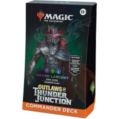 Magic: The Gathering - Outlaws by Thunder Junction Commander Deck - Heavy Theft (100 kāršu komplekts, kolekcionāra papildpakeete ar 2 kartēm un aksesuāriem)