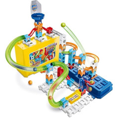 VTech - Marble Rush, Marble Run Build & Store Box Set M400, konstruēšanas spēle un glabāšanas kaste, 65 detaļas, 5 bumbiņas, dāvana bērniem no 4 gadu vecuma - saturs franču valodā