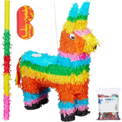 Relaxdays 4 gab. pinatas komplekts Lama XXL konfeti maisiņš, pinatas nūjiņa ar acu masku, dzimšanas dienas pinata ēzelis, nūjiņa un aizsietas acis, krāsains