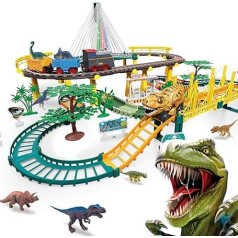 JONRRYIN Children's Dinosaur Car Racing Track Toy, with Train & Highway Cars, Electric Railway Rail Train Toy Set, Electric Railway Dino Toy for Children 5 6 7 8 10+ Years Gift