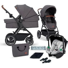 Kinderkraft B-TOUR Combination Pushchair Set 3 in 1 Complete Set, Pushchair up to 22 kg with Child Seat I-SIZE 40-75 cm, Large XL Seat, Waterproof Hood with UPF50+ Filter, Grey