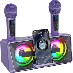 Karaoke iekārta pieaugušajiem un bērniem ar 2 UHF bezvadu mikrofoniem, pārnēsājams Bluetooth dziedāšanas skaļrunis, PA sistēma ar disko gaismām, tālruņa turētājs mājai, ballītei, piknikam, automašīnai,