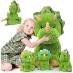 MorisMos 62 cm augsts sēžošs Dino Cuddly Toy XXL ar 3 plīša mazuli vēderā, zaļš milzu trikeratops pildīta rotaļlieta plīša rotaļlieta liela Ziemassvētku dzimšanas dienas dāvana bērniem meitenēm