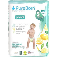 PureBorn Baby Premium autiņbiksītes, 5. izmērs (12-17 kg), 120 gab. (6 x 20), optimāla aizsardzība dienā un naktī, īpaši mīkstas, ādai draudzīgas.