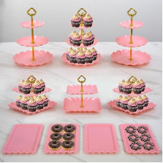 10 gab NWK kūkas statīvs, cupcake statīvs, ar 3 x divu līmeņu cupcake statīvs + 3 x trīs līmeņu cupcake statīvs + 4 x starta paplātes, ideāli piemērots dzimšanas dienai, bērnam, kāzu svinībām, ballītei (Rozā)