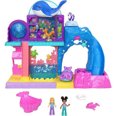 Polly Pocket Pollyville akvārijs ar Shani, rotaļu komplekts ar 2 lellēm, rotaļu mašīnu un 11 aksesuāriem, ieskaitot 8 jūras radības, rotaļlieta ar ūdens funkciju, HKW15