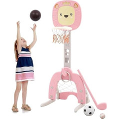 Kinder Basketballkorb Set 4 in 1 Basketballkorb Outdoor Indoor mit Basketball Fußball Ring Werfen Golfspiel Höhenverstellbarer Basketballständer 120-150cm Mini Basketballkorb für Zimmer