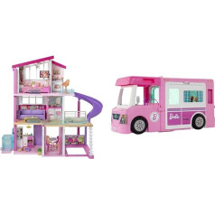 Barbie GNH53 Dreamhouse Adventures 3 Tier 8 Room Dollhouse & GHL93 3-in-1 Super Adventure Camper, 3 ft pārveidojams kemperis lellēm ar baseinu