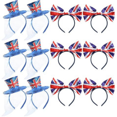 Union Jack Fascinator cepuru un loku lentu komplekts - 6 x zilas finkota mini Union Jack cepures un 6 x Union Jack loku lentas - King Coronation Street Party kostīmu aksesuāri