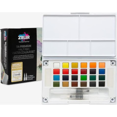 Zieler® Premium Pocket Size Watercolour Paint Set - 24 Half Pans, 2 Refillable Watercolour Brushes, Mixing Palette, 2 Sponges & Durable Case Complete with Starter Guide - Ideal Travel Set