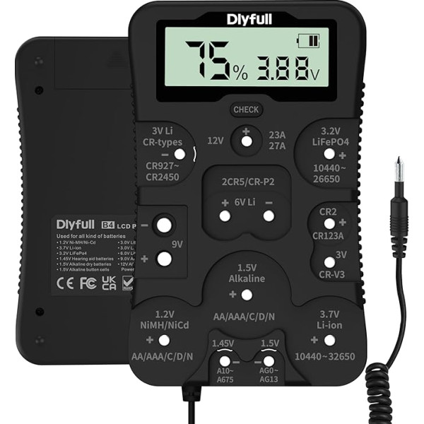 Dlyfull universāls AAA AA C D 9V CR123A CR2032 akumulatoru testeris, akumulatoru mērītājs ar LCD displeju visām baterijām un akumulatoriem, digitālais 1,5 V un 3 V pogu elementu testeris, B4 Pro