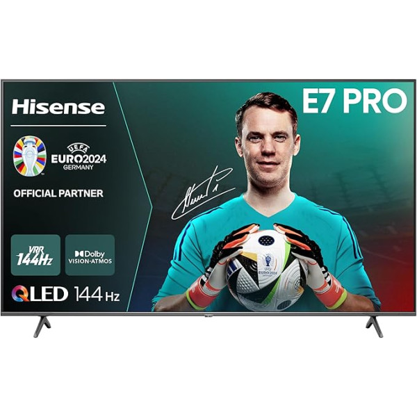 Hisense 75E7NQ Pro 189 cm (75 collu) televizors, 4K UHD, QLED, Smart TV, Total HDR, Dolby Vision IQ Atmos, 144 Hz (VRR), HDMI 2.1, Game Mode PRO, Trīs uztvērēji, Iebūvēta Alexa, Tumši pelēks, [2024]