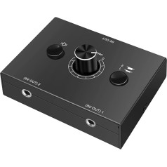 UNSTINCER 3,5 mm audio slēdzis 2(1)-In-1(2)-Out, analogais stereo skaņas slēdzis ar skaļuma pogu, izslēgšanas pogu, Aux selektora slēdzis radio, tālrunim, skaļrunim, austiņām, datoram