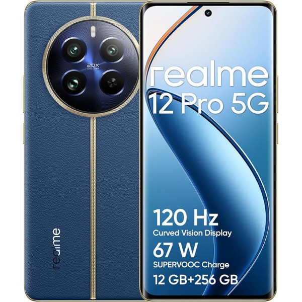 realme 12 Pro 5G viedtālrunis, 12 + 256 GB, Sony portretu kamera ar 2X optisko tālummaiņu, IMX882 OIS kamera, 6,7 collu 120 Hz izliekts displejs, 67 W Supervoc Charge, 5000 mAh masīva baterija, zils