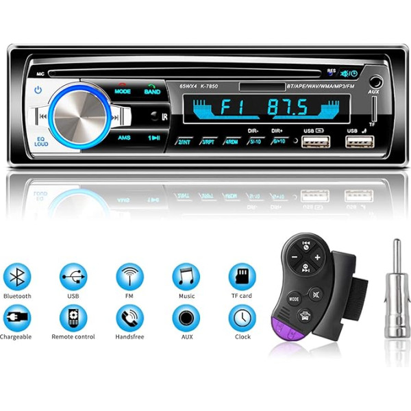 Lifelf Auto radio ar Bluetooth brīvroku sistēmu, 65 W x 4 Bluetooth auto radio 1 DIN ar tālvadības pulti pie stūres, FM/AM/MP3 atskaņotājs, 2 x USB, TF, AUX audio, antenas adapteris